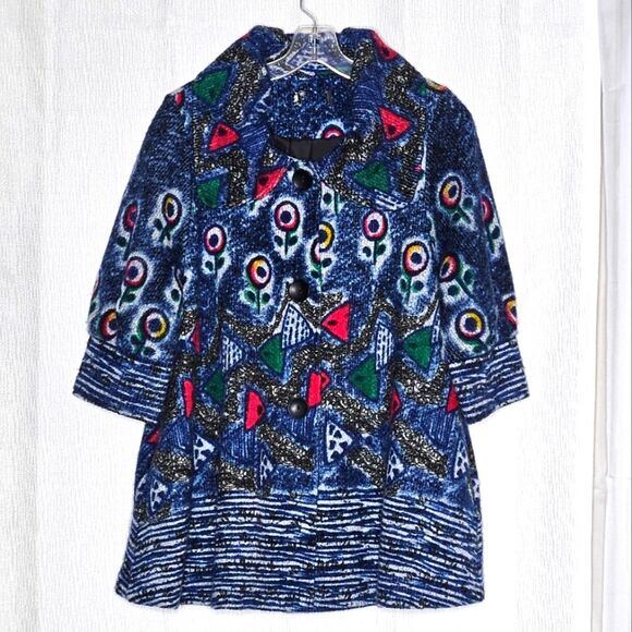 Damee Inc Wearable Art Vintage Blue Abstract Floral 3/4 Sleeve Swing Coat Jacket - Picture 4 of 12